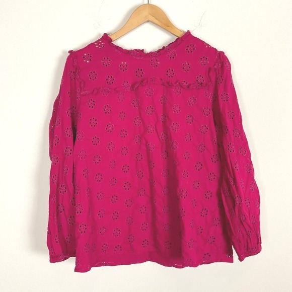 2/$30 J. Crew Magenta Pink Eyelet‎ Popover Long SleeveTop - Picture 3 of 4